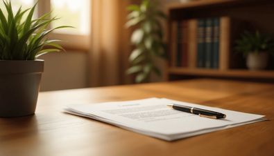 Dokument mit Stift auf einem Holztisch, im Hintergrund Pflanzen und Bücherregal bei Tageslicht.