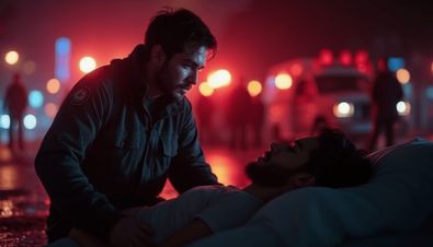 Sanitäter versorgt verletzte Person bei Nacht, im Hintergrund Rettungswagen und verschwommene Lichter.