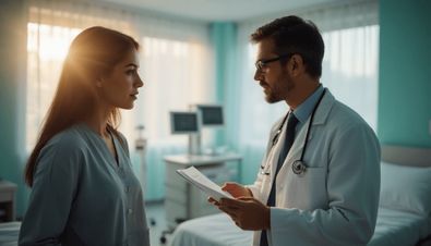 Arzt im Gespräch mit einer Patientin in einem hellen Untersuchungsraum, hält Dokumente in der Hand.