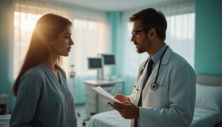 Arzt im Gespräch mit einer Patientin in einem hellen Untersuchungsraum, hält Dokumente in der Hand.