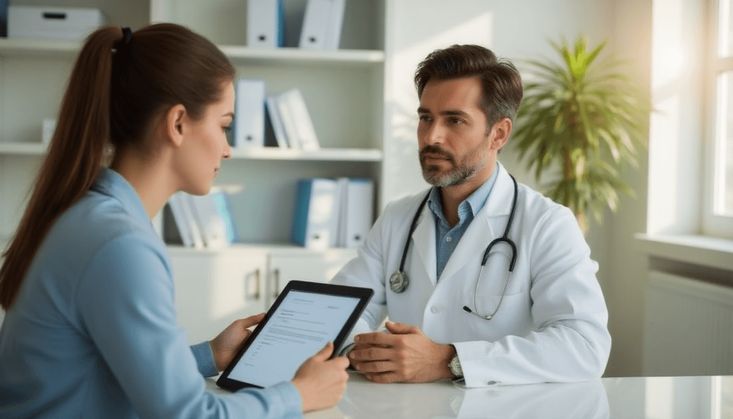 Arzt im Gespräch mit einer Patientin in einem hellen Büro, Patientin hält ein Tablet mit Dokumenten in der Hand.