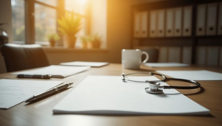Büroarbeitsplatz mit Stethoskop, Dokumenten, Stift und Kaffeetasse in warmem Sonnenlicht.