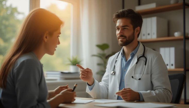 Arzt im Gespräch mit einer Patientin in einem hellen, modern eingerichteten Büro mit Dokumenten auf dem Tisch.