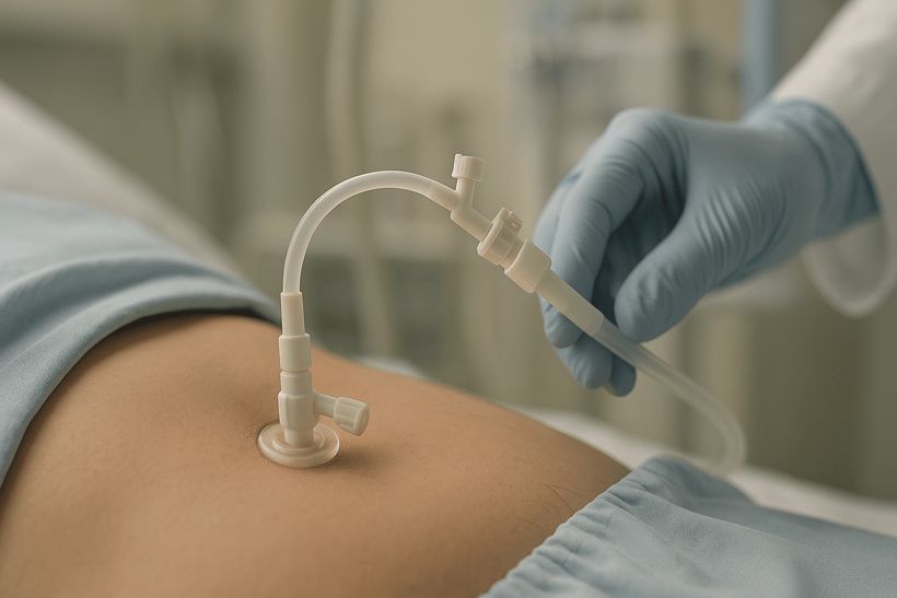 PEG-Sonde am Bauch eines Patienten, sicher platziert, mit behandschuhter Hand in klinisch-steriler Umgebung.