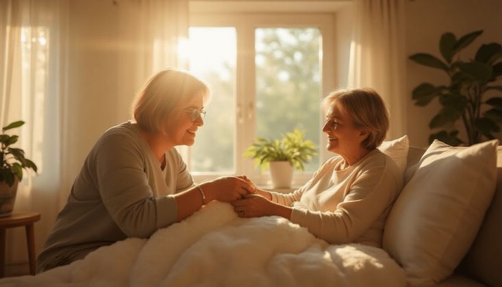 Zwei ältere Frauen in einem sonnendurchfluteten Raum, eine sitzt am Bett und hält die Hände der anderen.