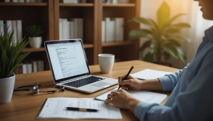 Person arbeitet am Laptop mit Dokumenten, Stethoskop und Kaffee in gemütlichem Büro mit Bücherregal und Pflanze.