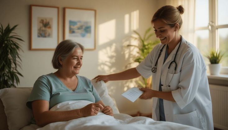 Ärztin spricht mit älterer Patientin im Bett in einem hellen, gemütlichen Raum
