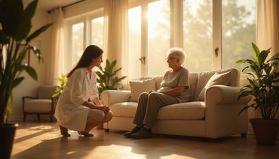Frau in weißer Kleidung spricht mit älterer Dame auf einem Sofa in sonnendurchflutetem Raum mit Pflanzen.