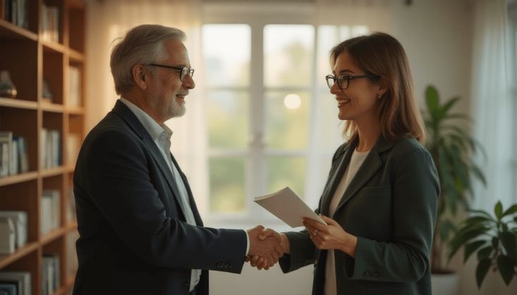 Zwei Personen in einem Büro, die einen Vertrag abschließen und sich die Hand geben.