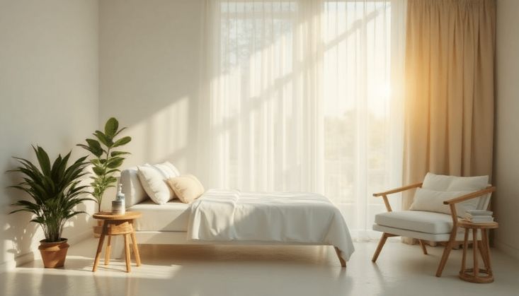 Helles Schlafzimmer mit minimalistischem Design, Holzmöbeln, Zimmerpflanzen und sanftem Sonnenlicht durch Vorhänge.