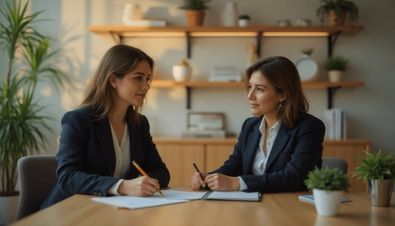 Zwei Frauen in Business-Outfits sitzen an einem Tisch in einem modern eingerichteten Büro und arbeiten gemeinsam an Dokumenten.