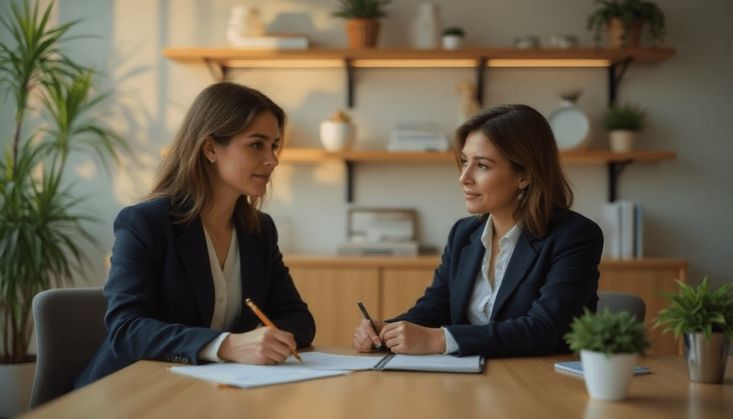 Zwei Frauen in Business-Outfits sitzen an einem Tisch in einem modern eingerichteten Büro und arbeiten gemeinsam an Dokumenten.