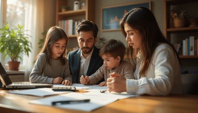 Familie sitzt gemeinsam an einem Tisch, arbeitet mit Dokumenten, Taschenrechner und Laptop in einem hellen Raum.
