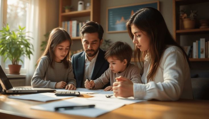 Familie sitzt gemeinsam an einem Tisch, arbeitet mit Dokumenten, Taschenrechner und Laptop in einem hellen Raum.