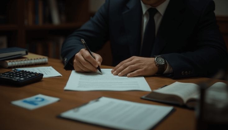 Ein Mann im Anzug schreibt mit einem Stift auf ein Dokument, umgeben von Büchern, Notizblock und Taschenrechner.