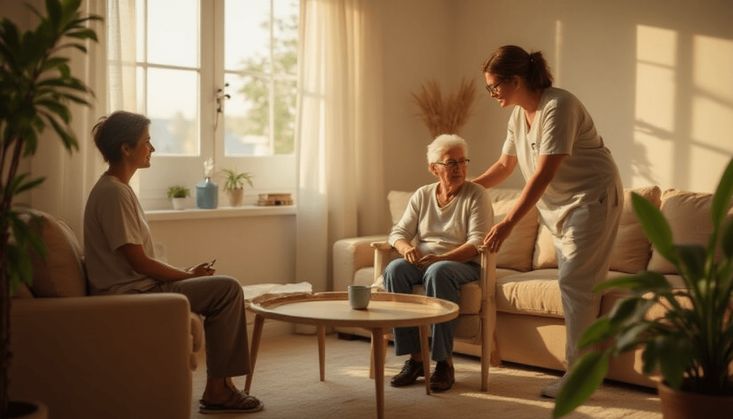 Ältere Person wird von einer Pflegekraft unterstützt, während eine weitere Person im Raum sitzt.
