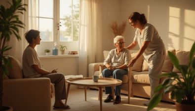 Ältere Person wird von einer Pflegekraft unterstützt, während eine weitere Person im Raum sitzt.