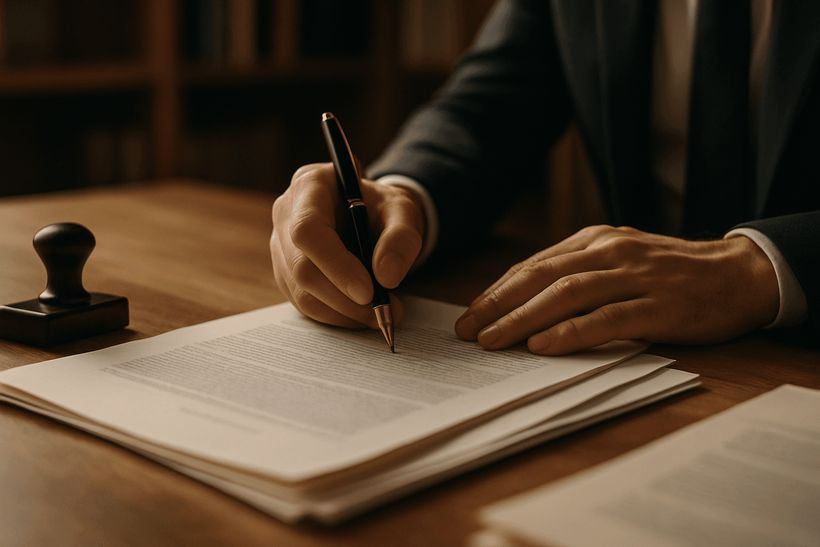 Hände unterschreiben ein Dokument auf Holzschreibtisch mit Stempel, in warmer Beleuchtung, unscharfer Bürohintergrund.