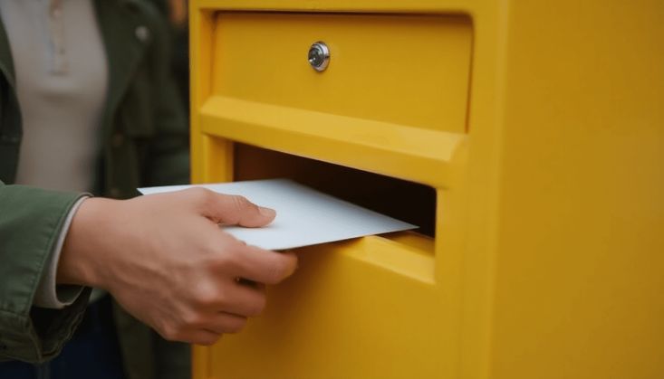 Eine Hand steckt einen Brief in einen gelben Briefkasten, Nahaufnahme mit Fokus auf den Einwurf.