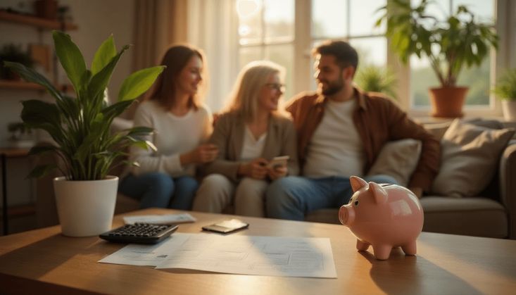 Familie bespricht Finanzen im Wohnzimmer, mit Sparschwein, Dokumenten und Taschenrechner auf dem Tisch.