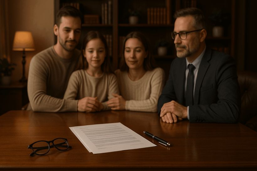 Familie mit Berater prüft Dokumente in elegantem Büro, Fokus auf Tisch mit Brille, Stift und Papieren.