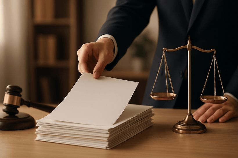 Hand legt leeres Blatt auf juristische Dokumente, daneben Waage und Richterhammer auf ordentlichem Schreibtisch.