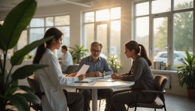 Pflegekräfte und Angehörige besprechen in heller Umgebung am Tisch wichtige Themen zur Pflege und Betreuung.