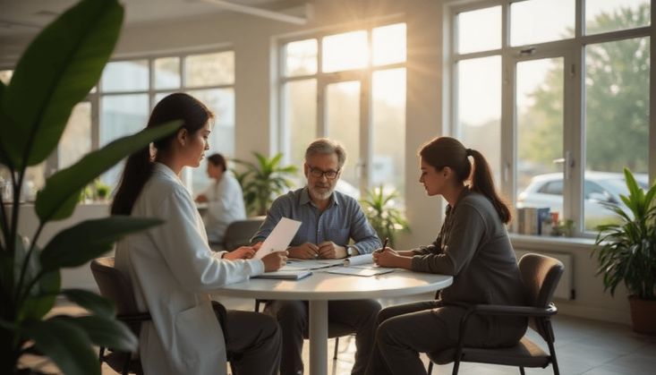 Pflegekräfte und Angehörige besprechen in heller Umgebung am Tisch wichtige Themen zur Pflege und Betreuung.