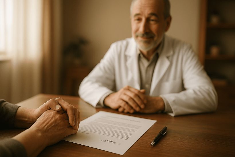 Arzt und Patient am Tisch mit unterzeichnetem Dokument, ruhige Atmosphäre, betont Vertrauen und Sicherheit.
