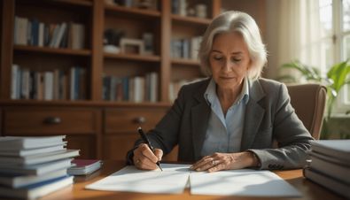 Ältere Frau in einem Büro schreibt Dokumente, umgeben von Büchern und Papierstapeln bei Tageslicht.
