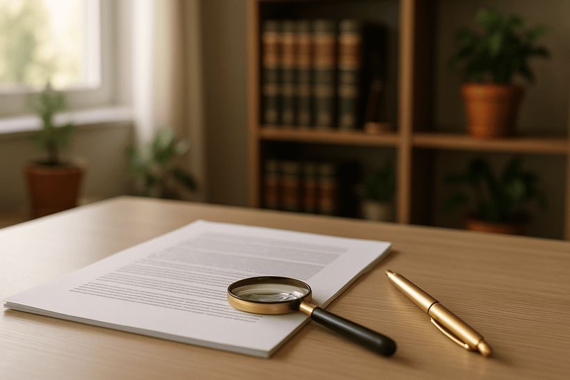 Modernes Home-Office mit Schreibtisch, Dokument, Lupe, goldenem Stift, Bücherregal und Pflanzen im Hintergrund.