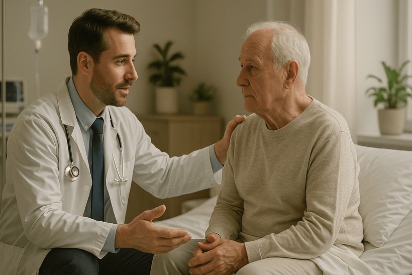 Arzt spricht beruhigend mit älterem Patienten im Krankenhauszimmer, beide wirken ruhig und vertrauensvoll.