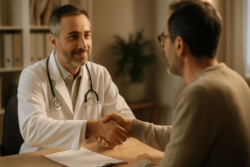 Arzt und Patient geben sich im modernen Behandlungsraum die Hand, unterzeichnen ein Dokument, vertrauensvolle Atmosphäre.