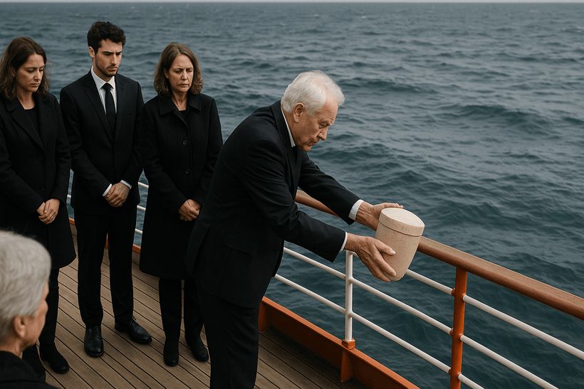 Seebestattung von einem Schiff auf dem offenen Meer unter weitem Himmel