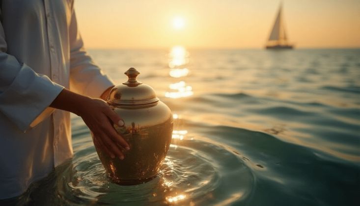 Person hält eine goldene Urne im Meer bei Sonnenuntergang, mit einem Segelboot im Hintergrund. Symbolische Seebestattung.