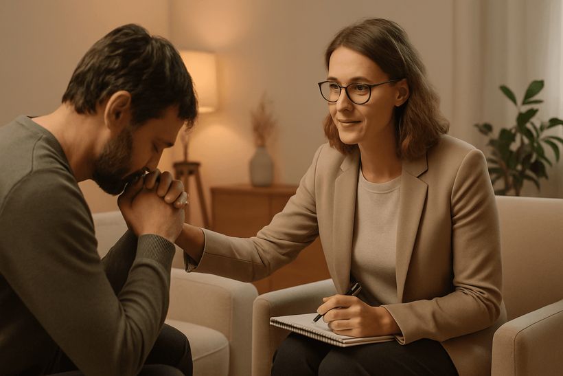 Ein Therapeut und Klient im Gespräch in einem warm beleuchteten Raum, der Vertrauen und Empathie ausstrahlt.