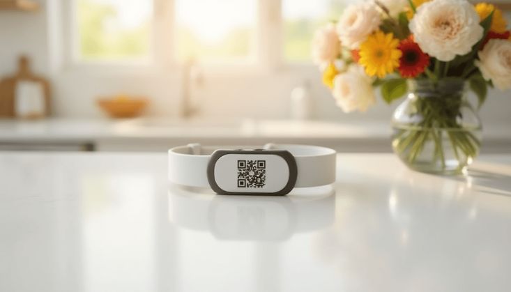 Weißes Armband mit QR-Code auf einem Tisch, im Hintergrund Blumen in einer Vase bei natürlichem Tageslicht.