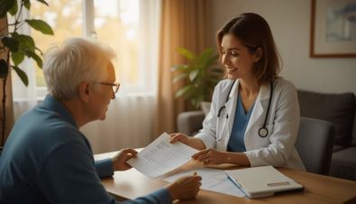 Arzt in weißem Kittel berät älteren Patienten bei einem Gespräch am Tisch mit Dokumenten und Notizblock.