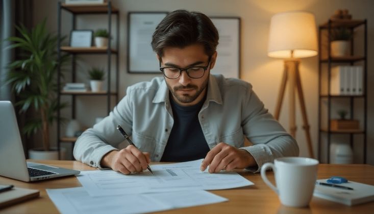 Mann arbeitet konzentriert an Dokumenten am Schreibtisch, mit Laptop, Kaffeetasse und gemütlicher Raumgestaltung im Hintergrund.