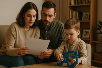 Elternpaar studiert gemeinsam eine Sorgerechtsverfügung auf der Couch, während ihr kleiner Sohn daneben mit blauen Bauklötzen spielt. Familiäre Besprechung im Wohnzimmer