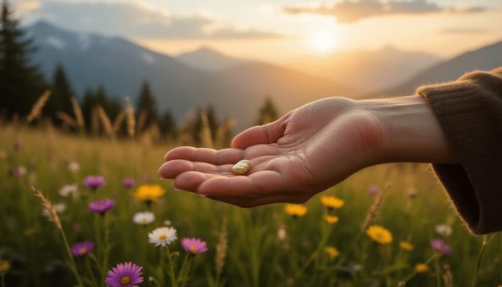 Hand hält eine goldene Kapsel in einer blühenden Wiese bei Sonnenuntergang, umgeben von Bergen und Natur.