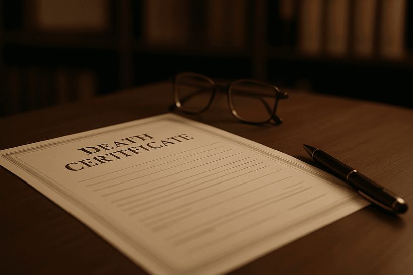 Sterbeurkunde auf Holzschreibtisch mit Brille und Stift, warm beleuchtet, vor unscharfem Bürohintergrund.