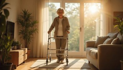 Ältere Person mit Gehhilfe in einem sonnendurchfluteten Wohnzimmer, umgeben von Pflanzen und gemütlicher Einrichtung.