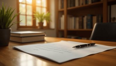 Schreibtisch mit Dokument, schwarzem Stift, Pflanzen und Bücherregal im Hintergrund bei warmem Tageslicht.