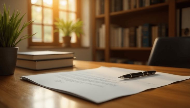 Schreibtisch mit Dokument, schwarzem Stift, Pflanzen und Bücherregal im Hintergrund bei warmem Tageslicht.