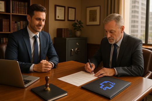 Zwei Geschäftsmänner im Büro: Älterer Mann unterschreibt ein Testament, während jüngerer Mann zuschaut. Laptop und Aktenmappe mit blauem Logo auf Holzschreibtisch.