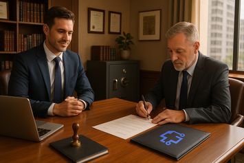 Zwei Geschäftsmänner im Büro: Älterer Mann unterschreibt ein Testament, während jüngerer Mann zuschaut. Laptop und Aktenmappe mit blauem Logo auf Holzschreibtisch.