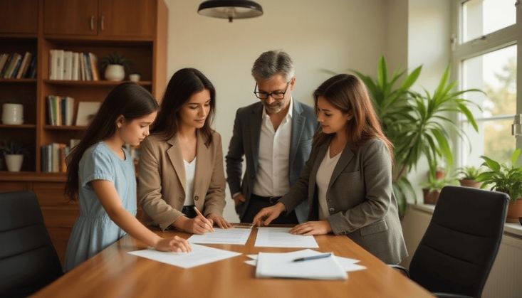 Familie bei der Beratung und Unterzeichnung von Erbschaftsdokumenten mit Notar in einem Büro