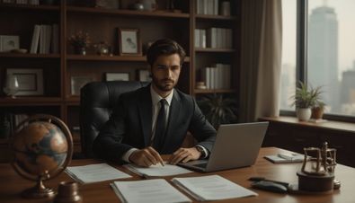Eleganter Anwalt in Anzug am Schreibtisch mit Laptop, Dokumenten und Globus, vor Bücherregal und Fenster mit Stadtblick.