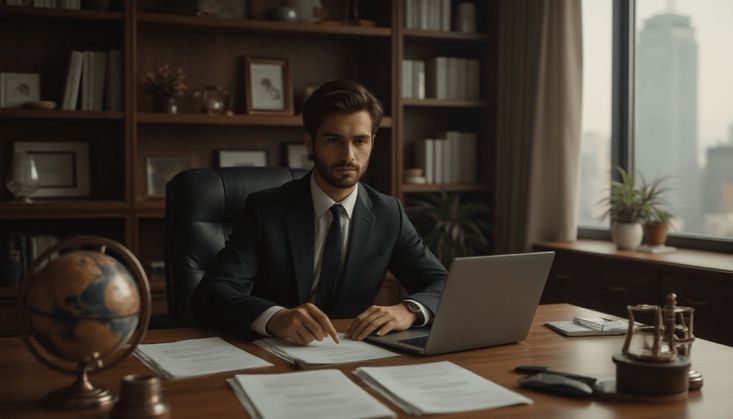 Eleganter Anwalt in Anzug am Schreibtisch mit Laptop, Dokumenten und Globus, vor Bücherregal und Fenster mit Stadtblick.